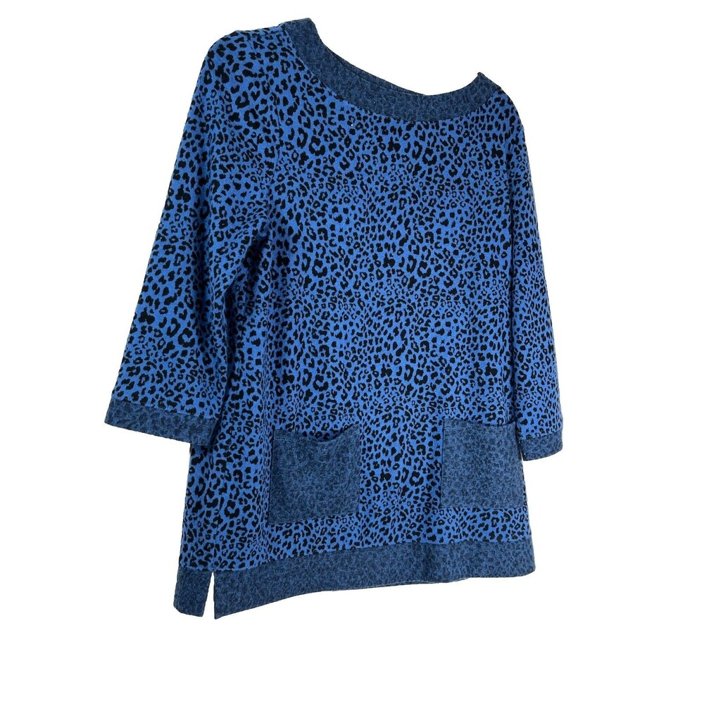 Chicos Blue Animal Art Print 3/4 Sleeve Top Knot Sweater blouse  1 M 6 8